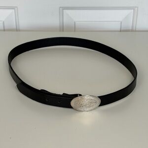 Vintage Black Leather Belt With Solid Brass Oval Etched Buckle Women’s 40”